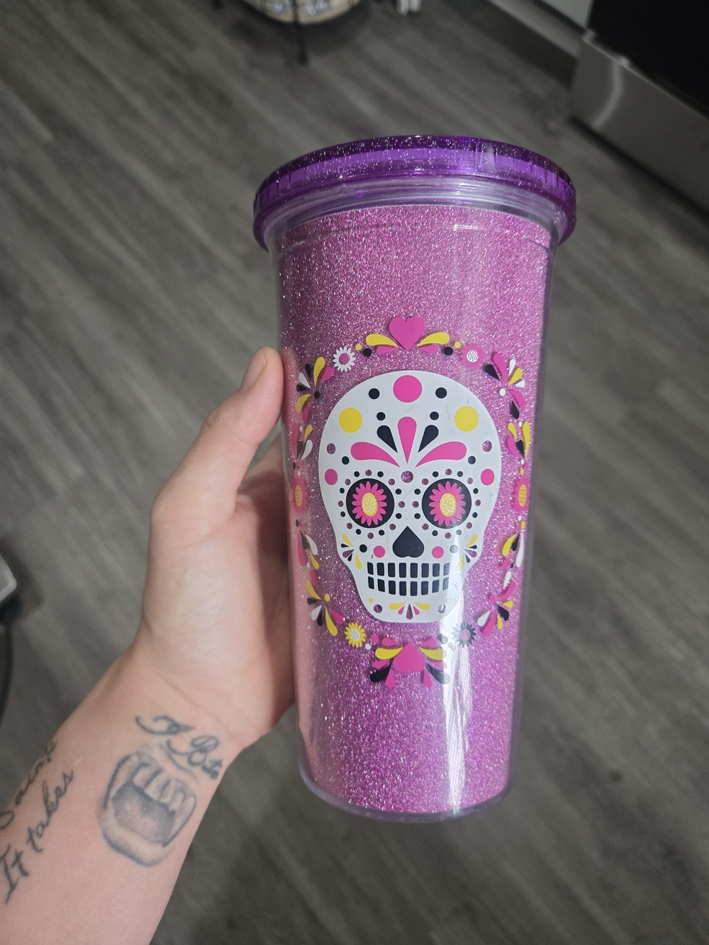 Glitter Pink Day of the Dead Skull Tumbler
